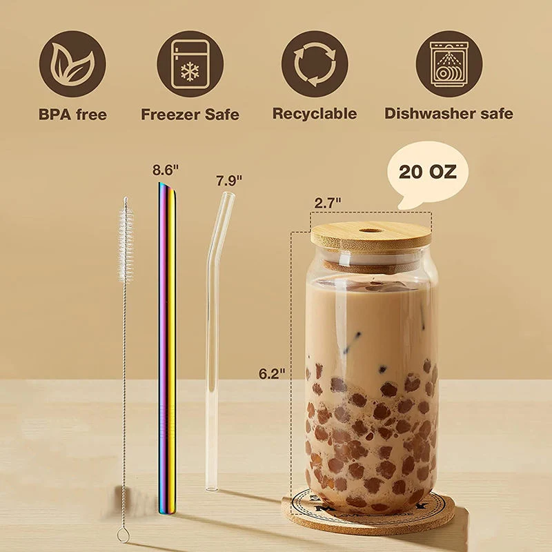 Customized Reusable Clear Glass Beer Can Shaped Tumbler Sublimation with Bamboo Lid Straw Custom Tea Cup Clear Glass Milk Coffee Cups for Cool Water
